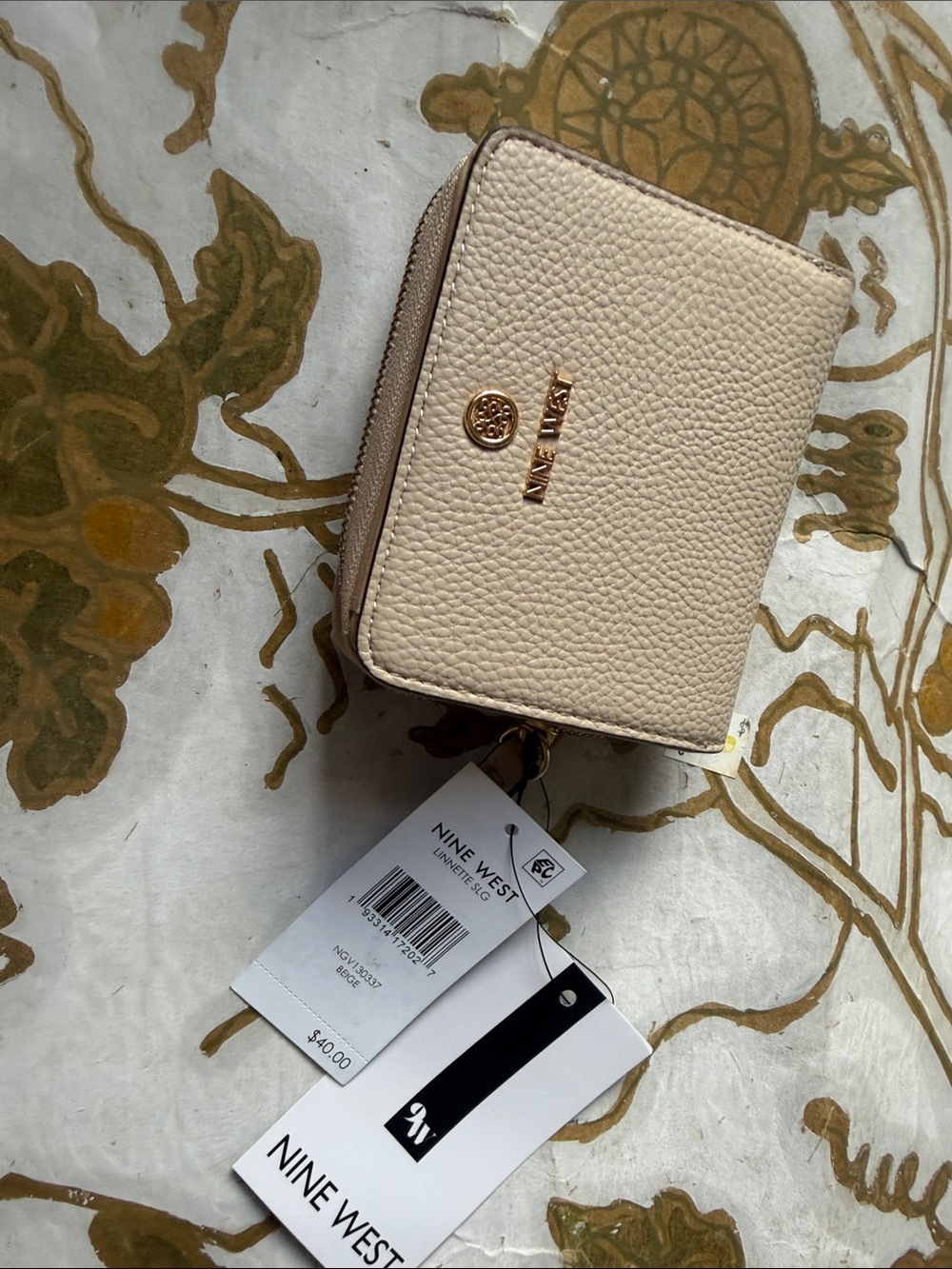 Nine West Beige Pebbled Zip-Around Wallet with Gold Accents